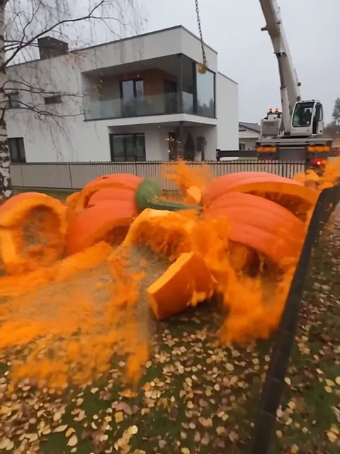 Hajonnut jättikurpitsa ja oranssit roiskeet omakotitalon nurmella, taustalla nosturiauto.